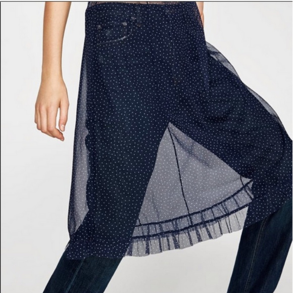 Zara Navy white polka dot Sheer Dress NWOT - Picture 5 of 8